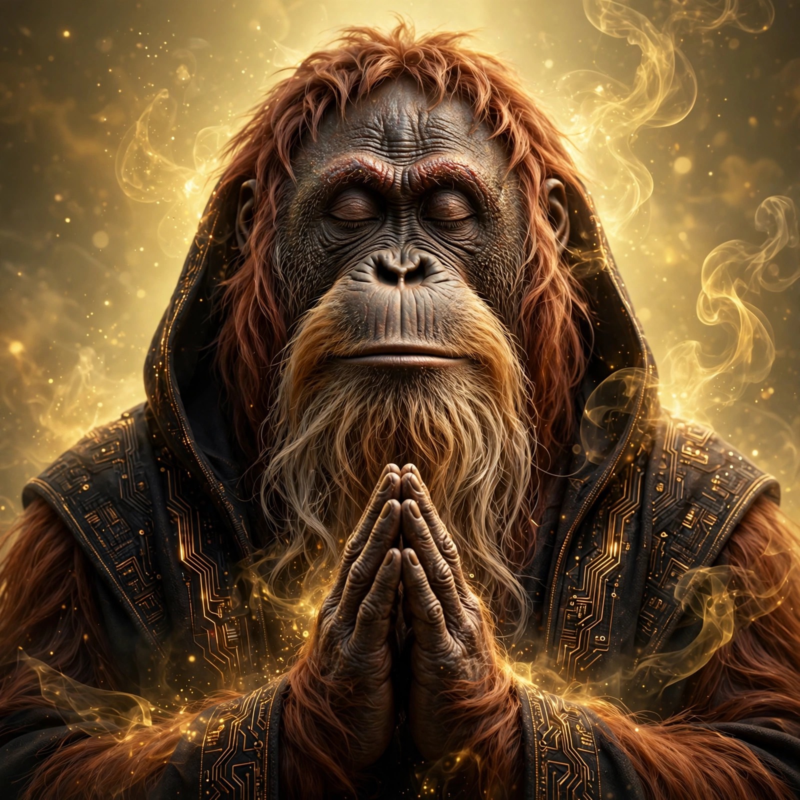 The Oracle — old orangutan with a long beard, hooded robe and gold eyes