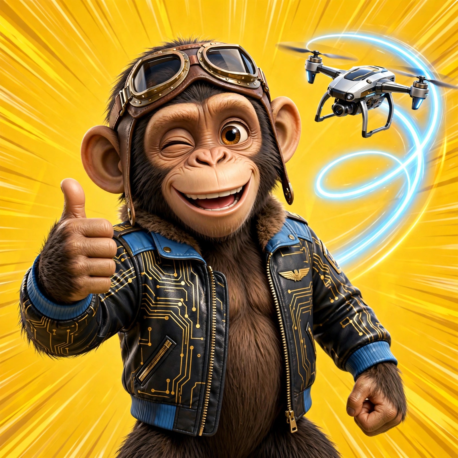 The Pilot — young chimp with flight goggles and a shoulder drone