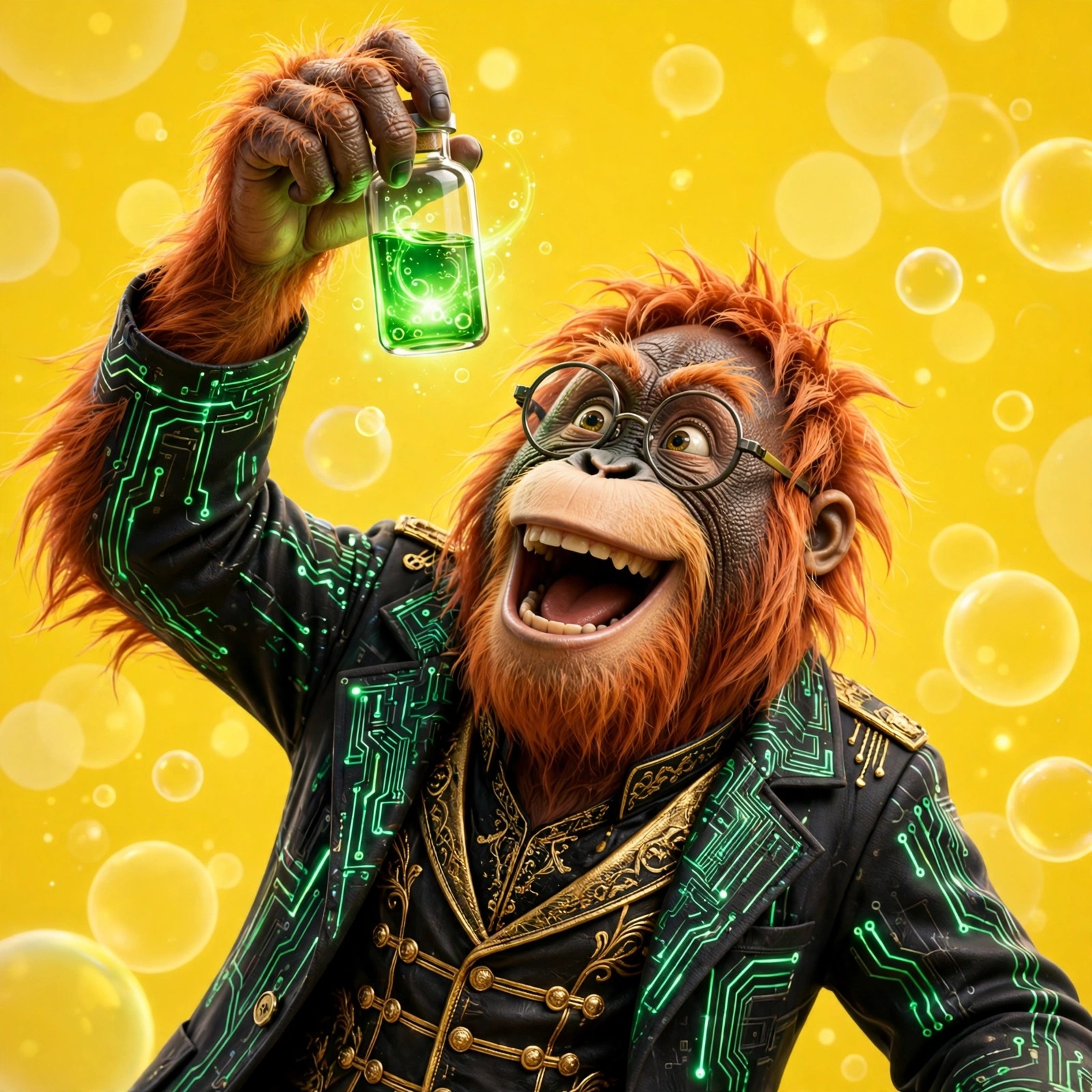 The Alchemist — orangutan with round glasses holding a glowing vial