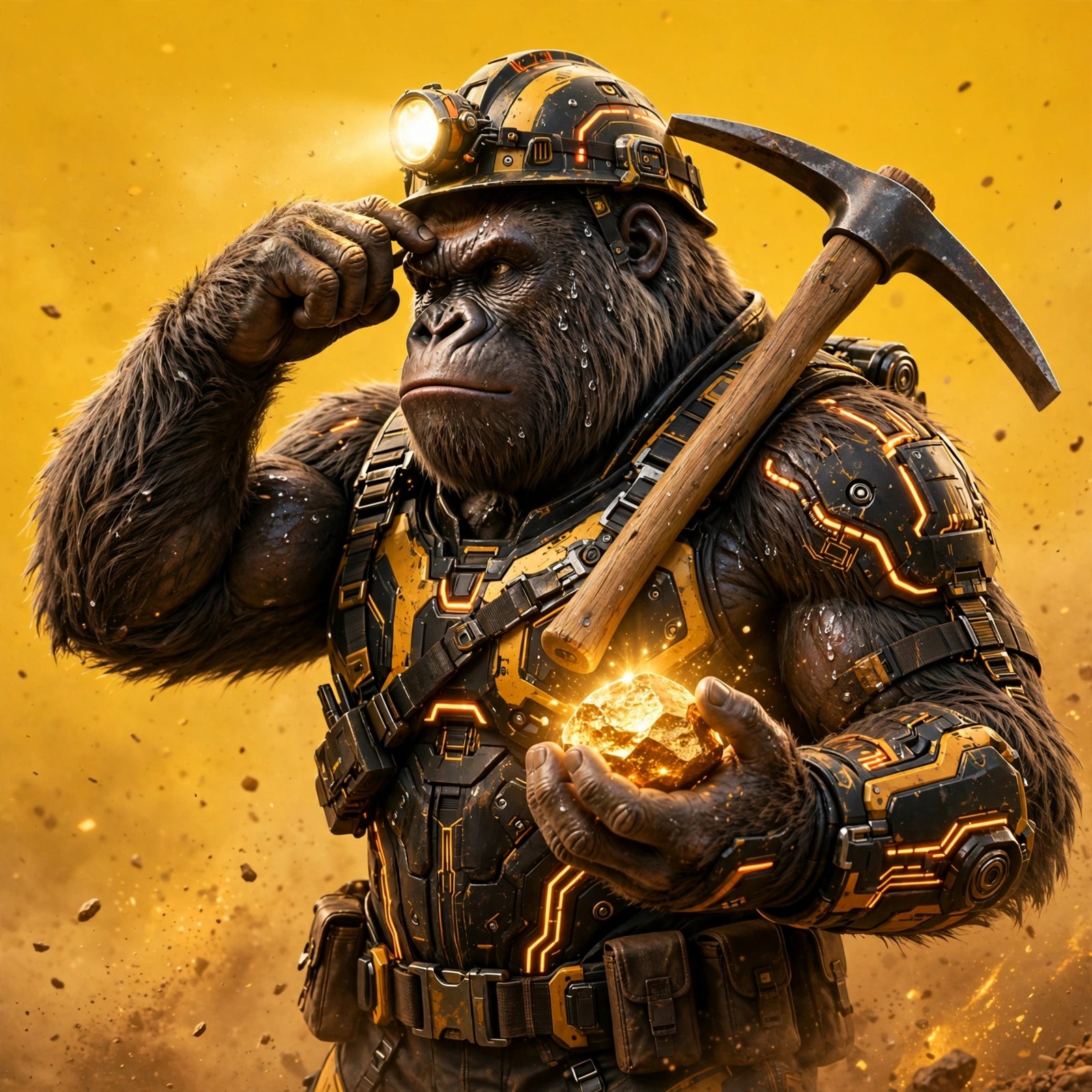 The Miner — gorilla wearing a mining helmet with a lit headlamp