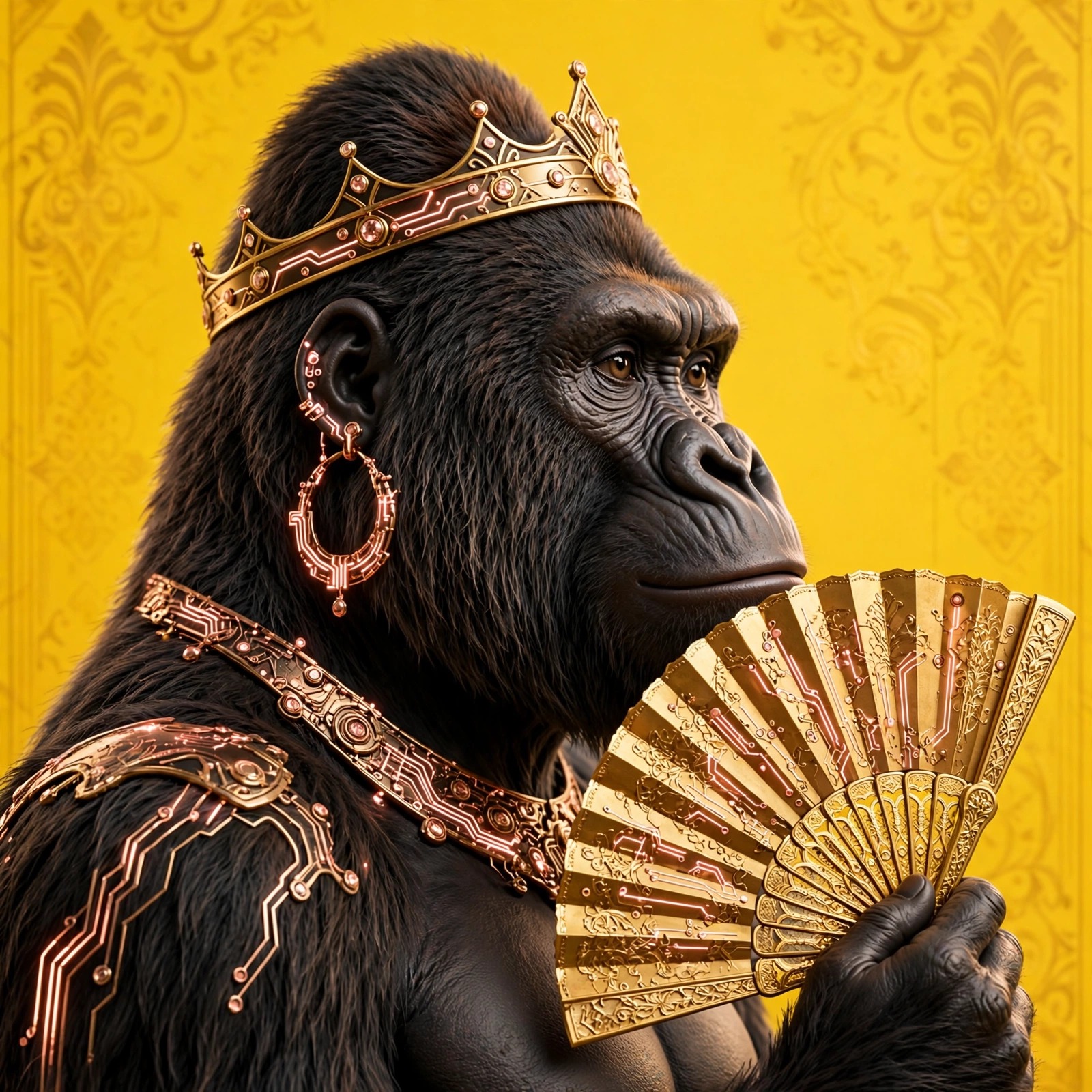 The Queen — female gorilla with a gold circuit crown band, earrings and collar